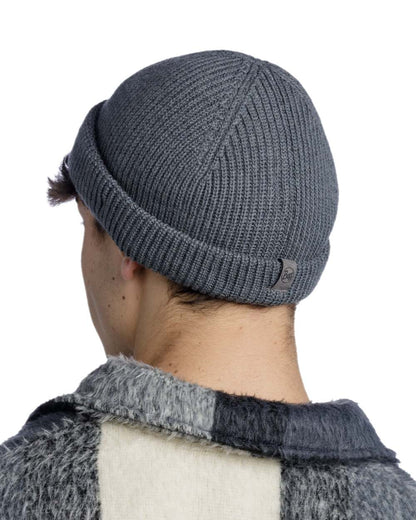 Grey Coloured Buff Knitted Ervin Beanie on white background 