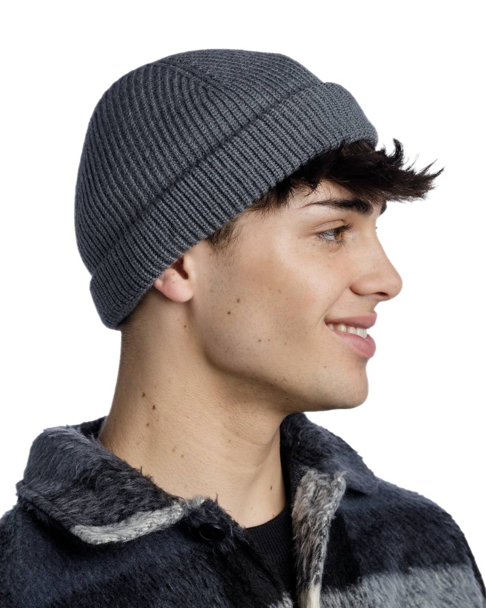 Grey Coloured Buff Knitted Ervin Beanie on white background 