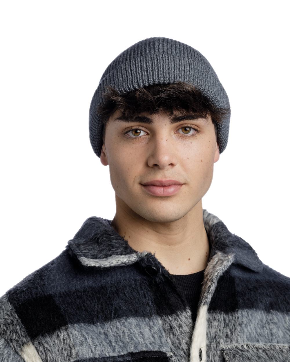 Grey Coloured Buff Knitted Ervin Beanie on white background 