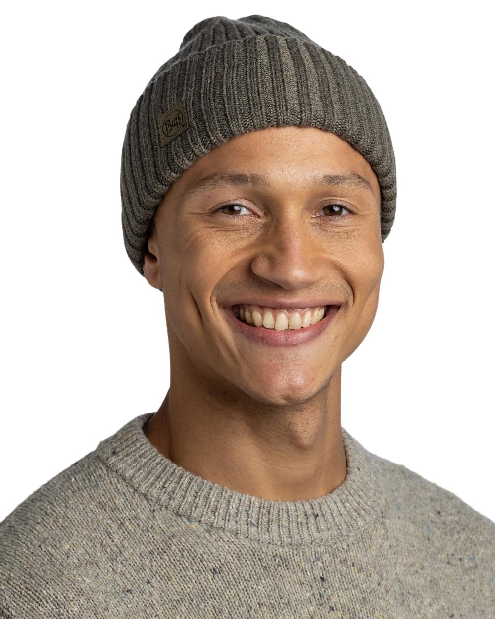 Bark Coloured Buff Knitted Erviny Beanie on white background 