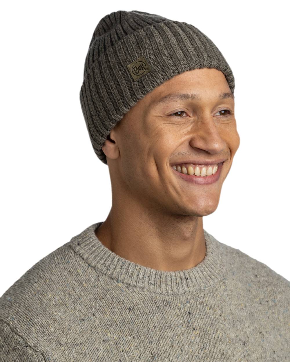 Bark Coloured Buff Knitted Erviny Beanie on white background 