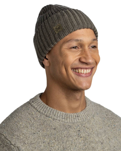 Bark Coloured Buff Knitted Erviny Beanie on white background 