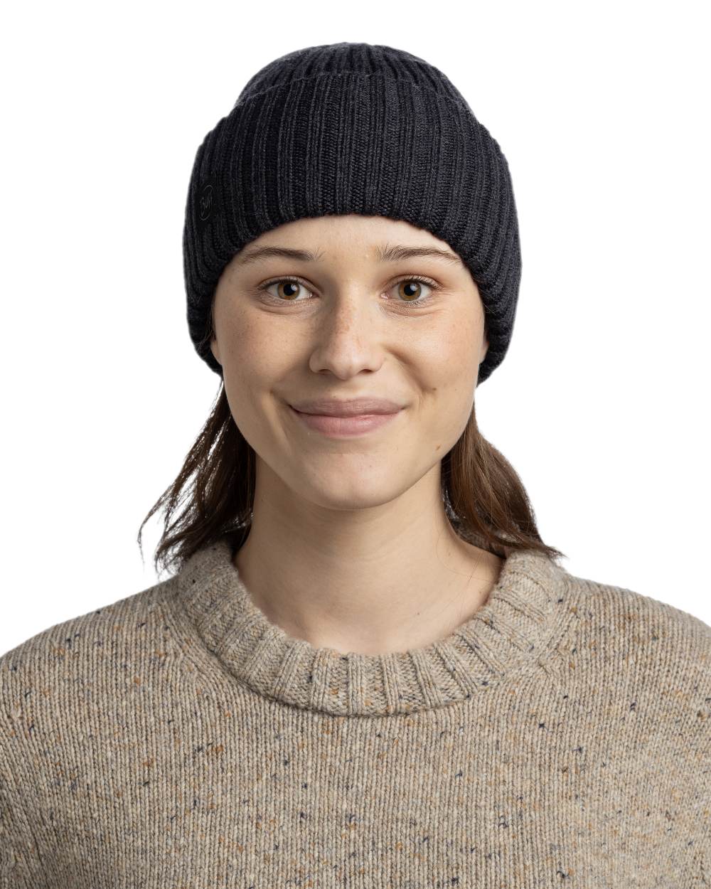 Graphite Coloured Buff Knitted Erviny Beanie on white background 