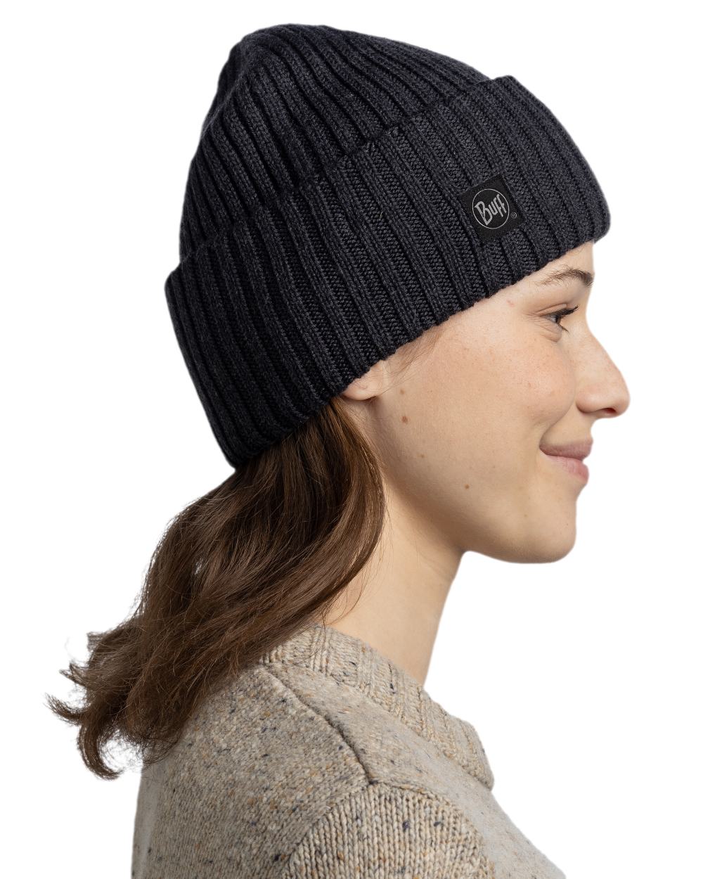 Graphite Coloured Buff Knitted Erviny Beanie on white background 
