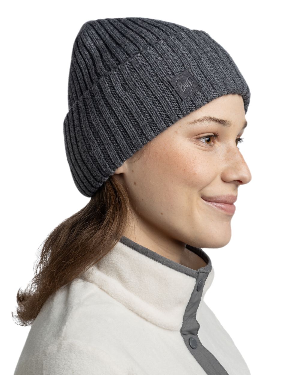 Heather Grey Coloured Buff Knitted Erviny Beanie on white background 
