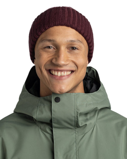 Maroon Coloured Buff Knitted Erviny Beanie on white background 