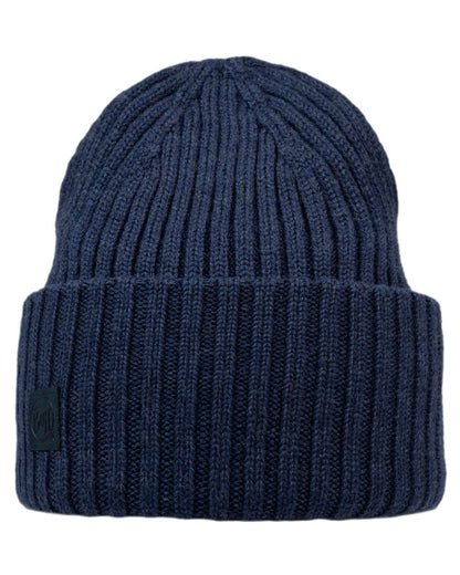 Midnight Coloured Buff Knitted Erviny Beanie on white background 