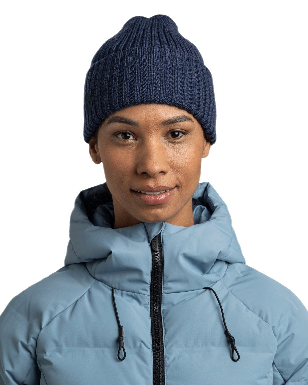 Midnight Coloured Buff Knitted Erviny Beanie on white background 