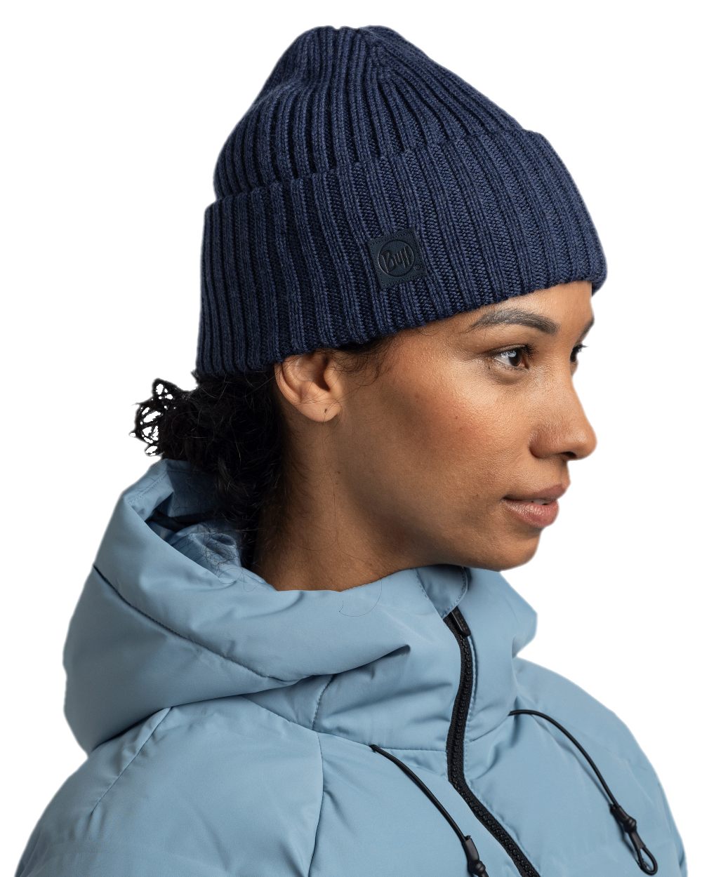 Midnight Coloured Buff Knitted Erviny Beanie on white background 