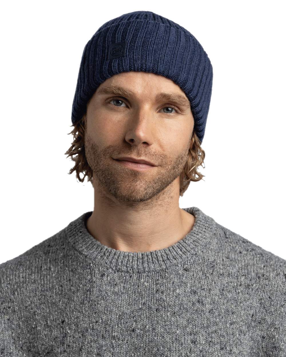 Midnight Coloured Buff Knitted Erviny Beanie on white background 