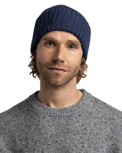 Midnight Coloured Buff Knitted Erviny Beanie on white background 
