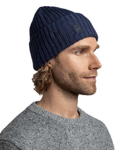 Midnight Coloured Buff Knitted Erviny Beanie on white background 