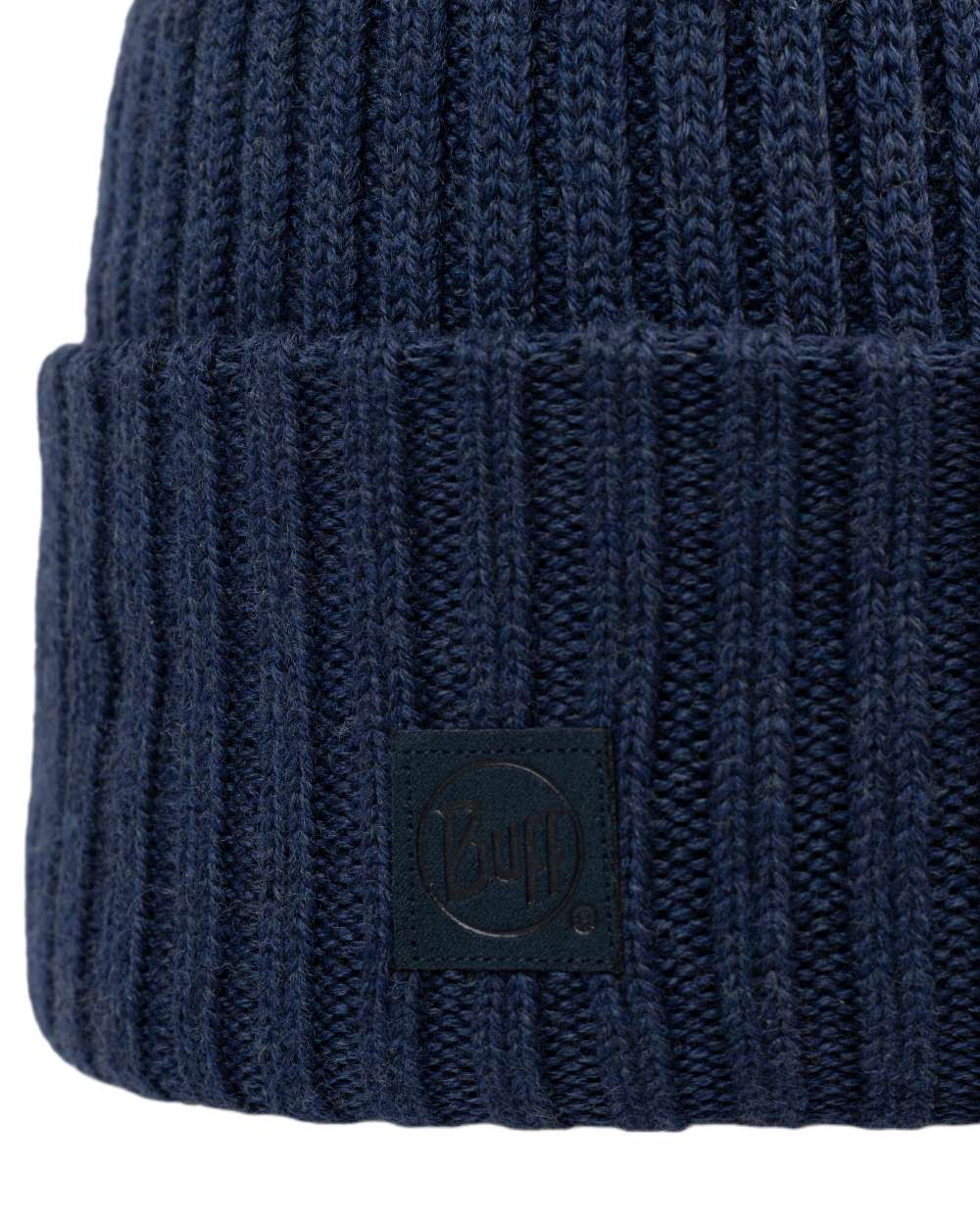 Midnight Coloured Buff Knitted Erviny Beanie on white background 
