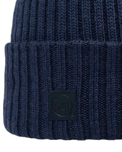 Midnight Coloured Buff Knitted Erviny Beanie on white background 