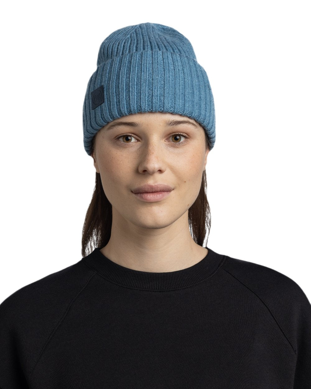 Water Coloured Buff Knitted Erviny Beanie on white background 