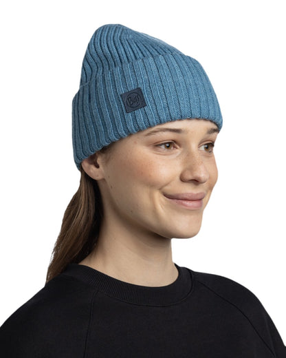 Water Coloured Buff Knitted Erviny Beanie on white background 