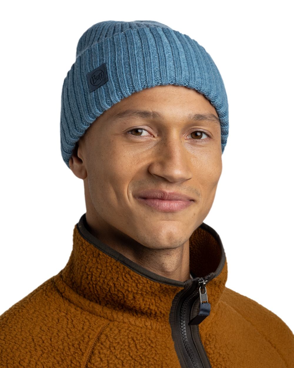 Water Coloured Buff Knitted Erviny Beanie on white background 