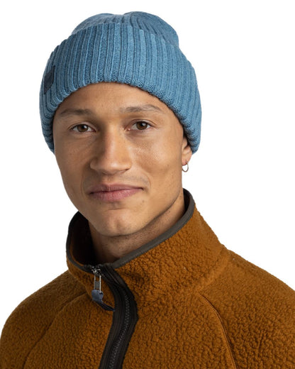 Water Coloured Buff Knitted Erviny Beanie on white background 