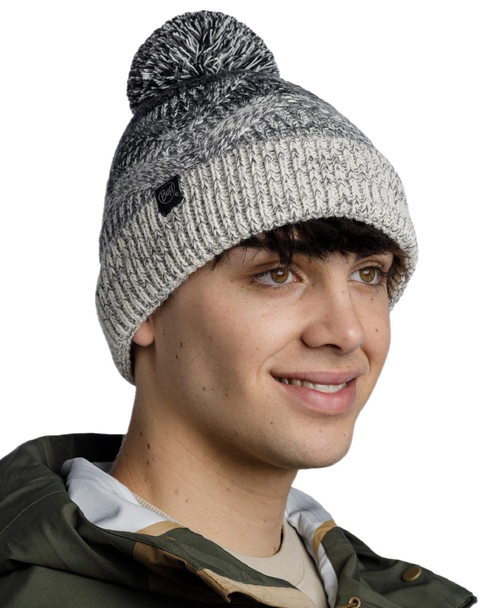 Grey Coloured Buff Masha Knitted &amp; Fleece Beanie on white background 