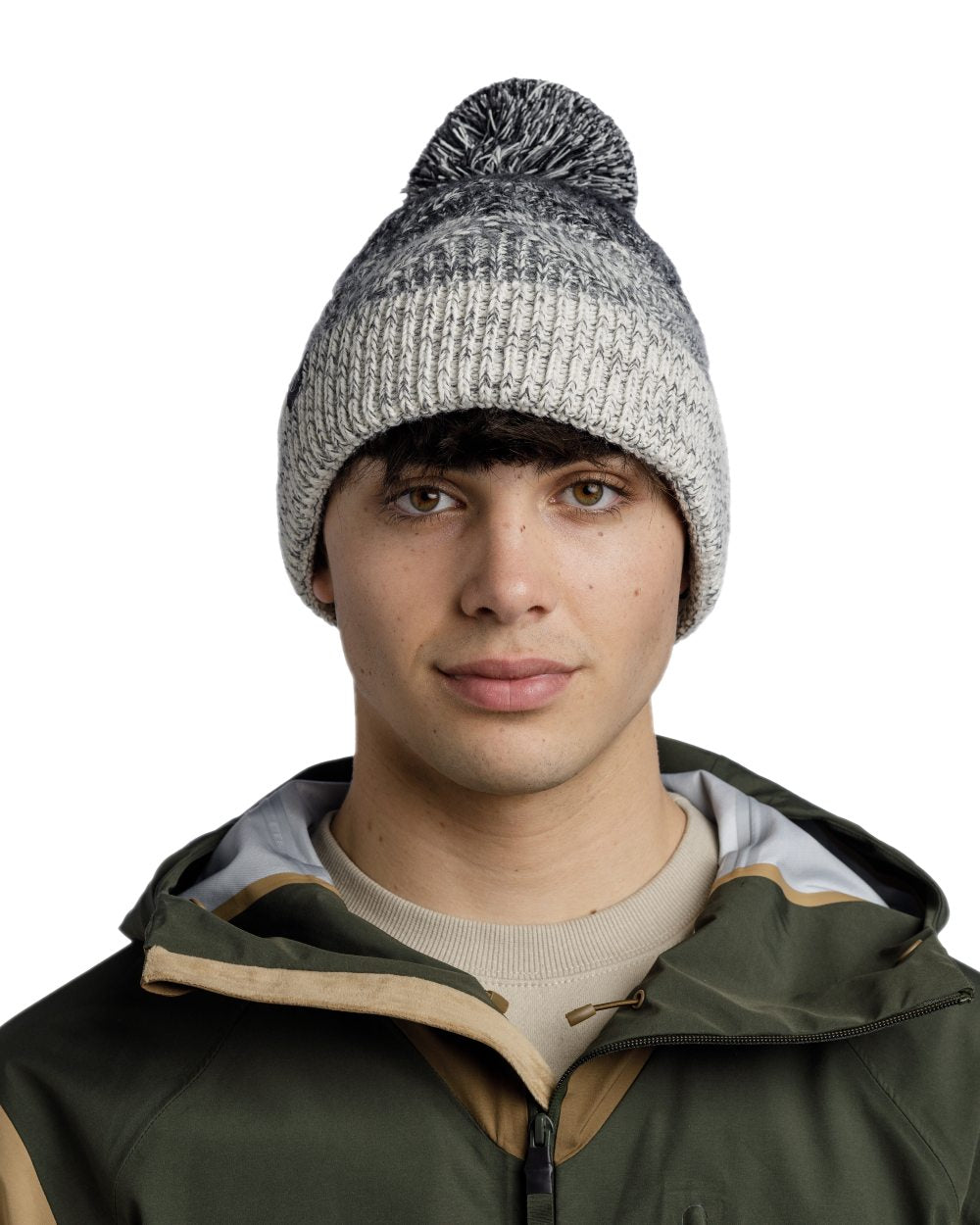 Grey Coloured Buff Masha Knitted &amp; Fleece Beanie on white background 