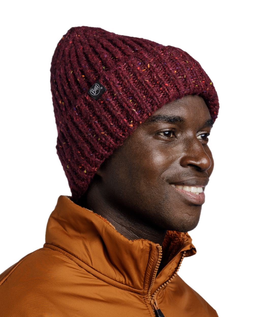 Dahlia Coloured Buff Kim Knitted &amp; Fleece Beanie on white background 