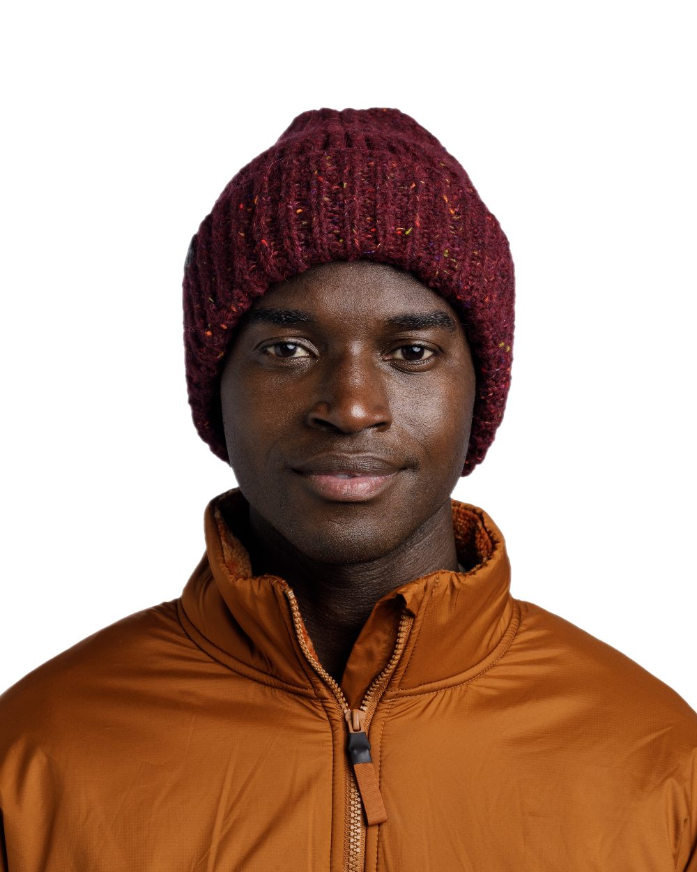 Dahlia Coloured Buff Kim Knitted Fleece Beanie on white background 
