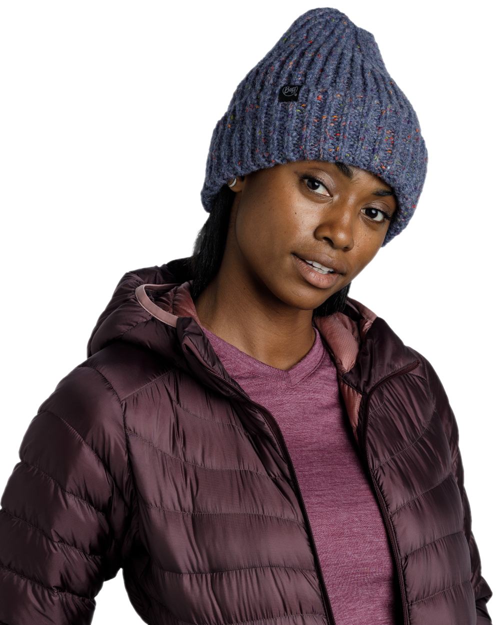Water Coloured Buff Kim Knitted Fleece Beanie on white background 
