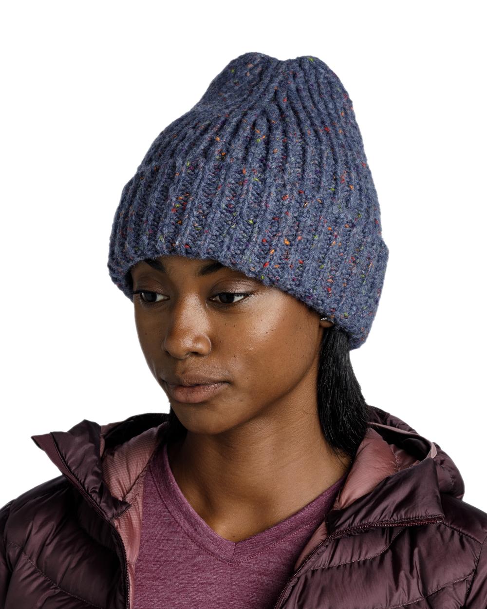 Water Coloured Buff Kim Knitted Fleece Beanie on white background 