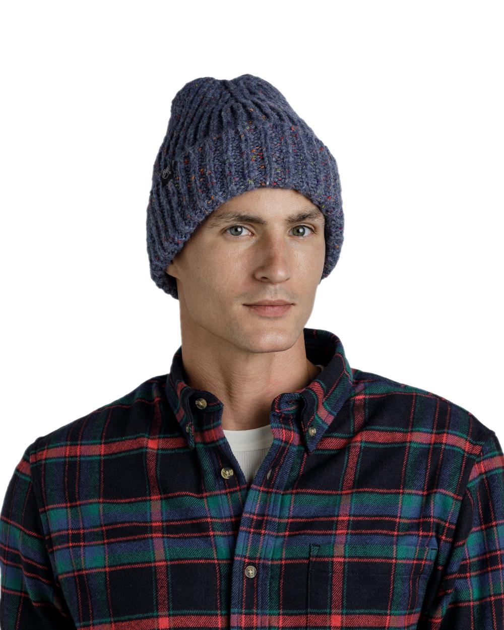 Water Coloured Buff Kim Knitted Fleece Beanie on white background 