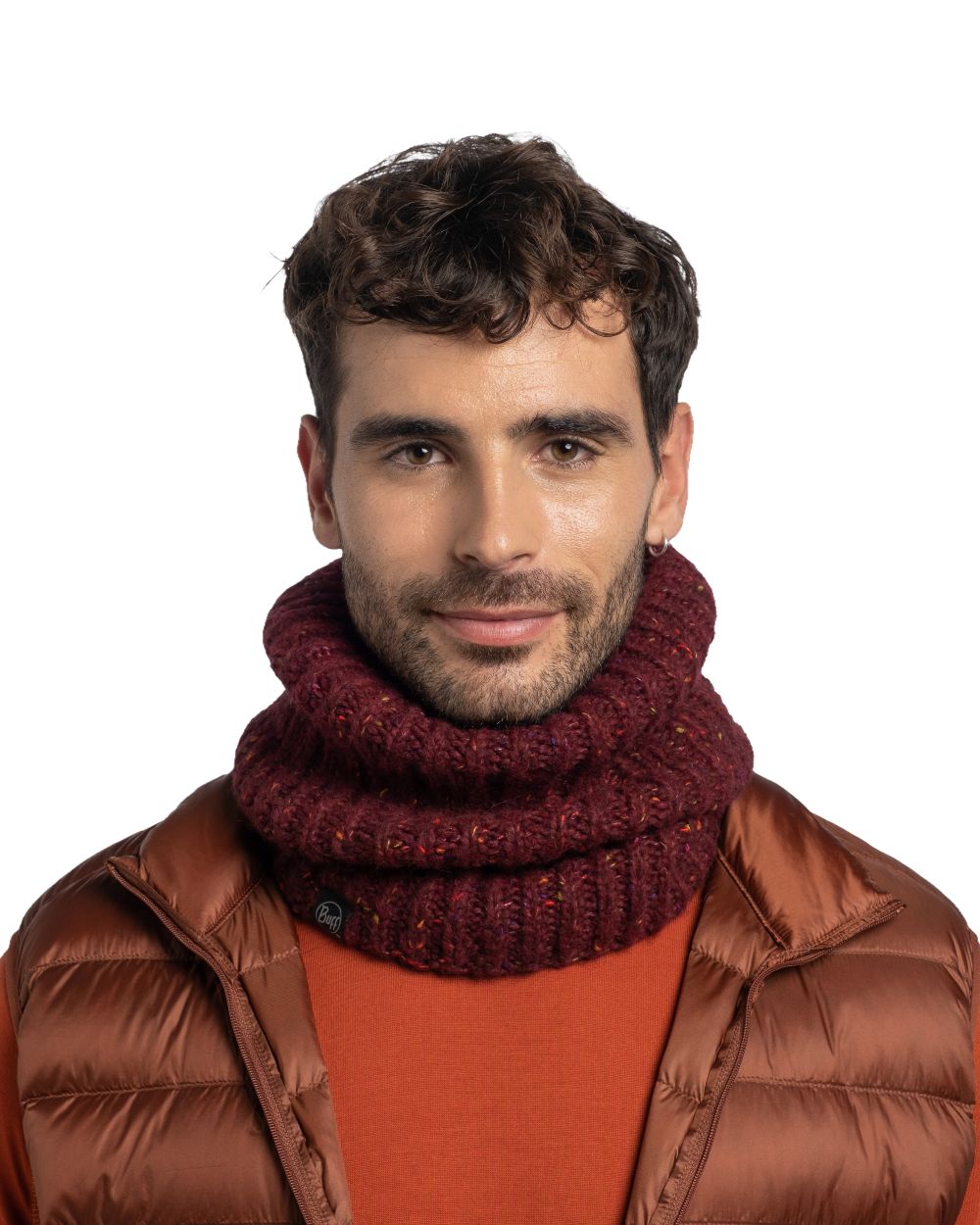 Dahlia Coloured Buff Kim Knitted &amp; Fleece Neckwarmer on white background 