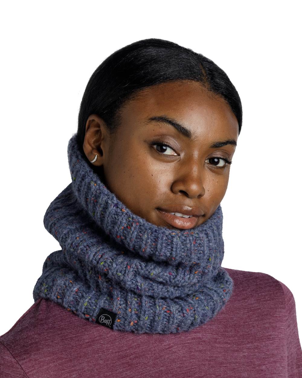 Water Coloured Buff Kim Knitted &amp; Fleece Neckwarmer on white background 