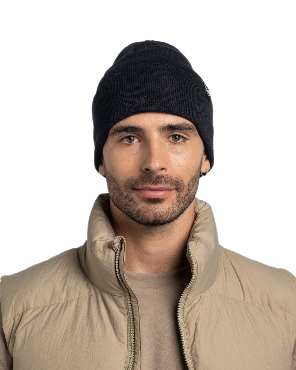 Black Coloured Buff Linon Knitted Beanie on white background 