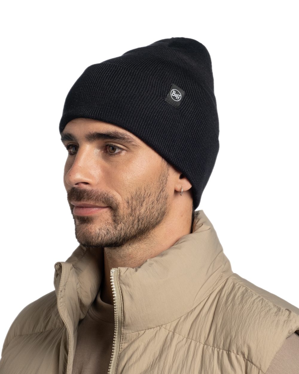 Black Coloured Buff Linon Knitted Beanie on white background 