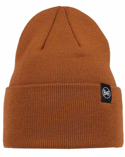 Copper Coloured Buff Linon Knitted Beanie on white background 