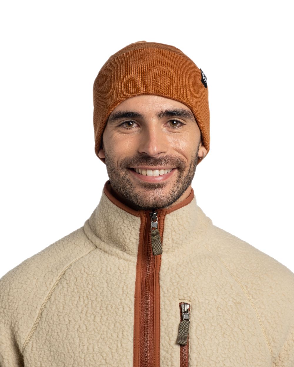 Copper Coloured Buff Linon Knitted Beanie on white background 