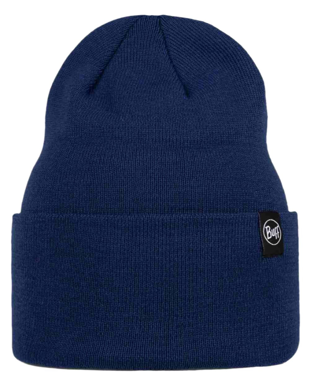 Midnight Coloured Buff Linon Knitted Beanie on white background 