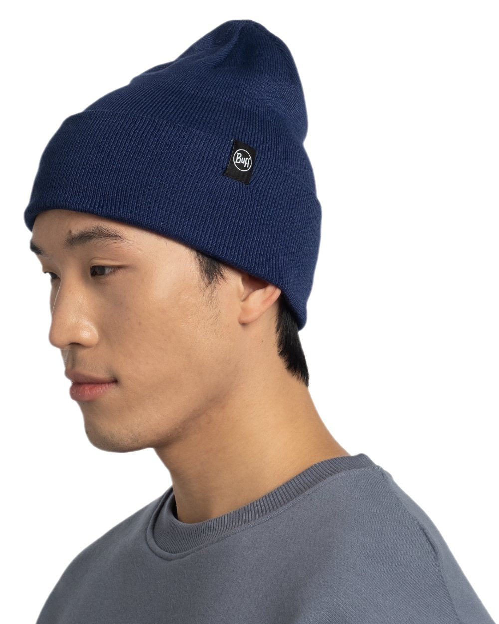 Midnight Coloured Buff Linon Knitted Beanie on white background 