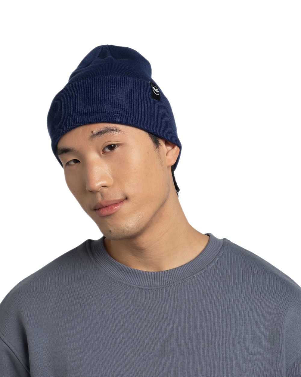 Midnight Coloured Buff Linon Knitted Beanie on white background 