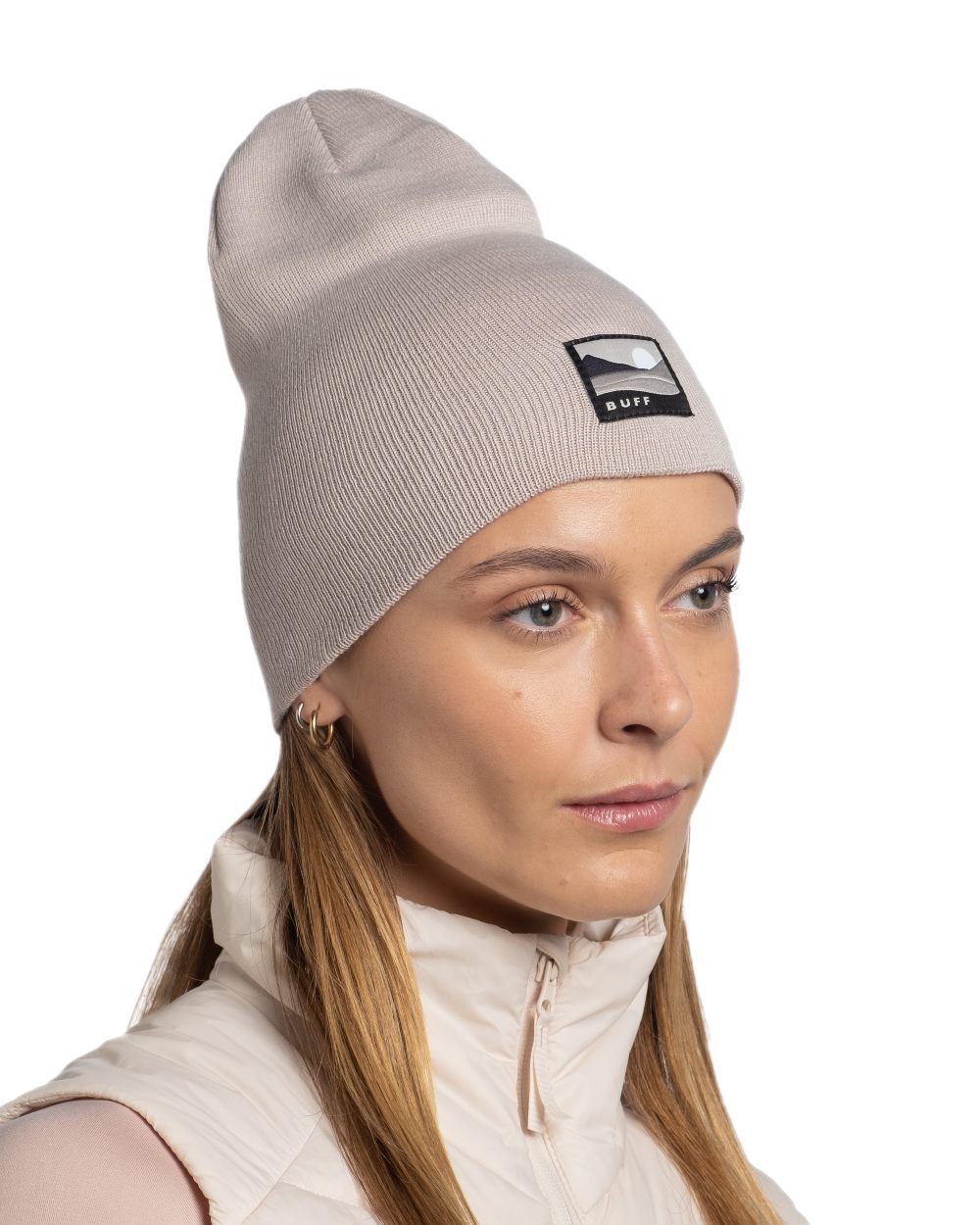 Birch Grey Coloured Buff Lilon Knitted Long Beanie on white background 