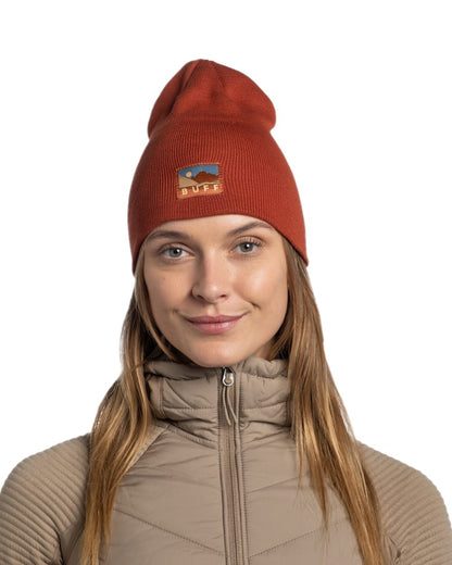 Cinnamon Coloured Buff Lilon Knitted Long Beanie on white background 