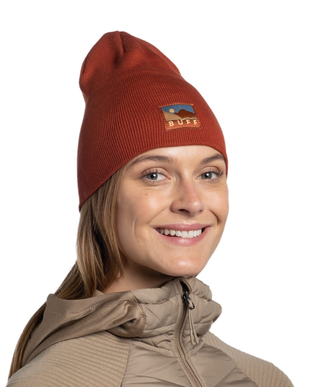 Cinnamon Coloured Buff Lilon Knitted Long Beanie on white background 