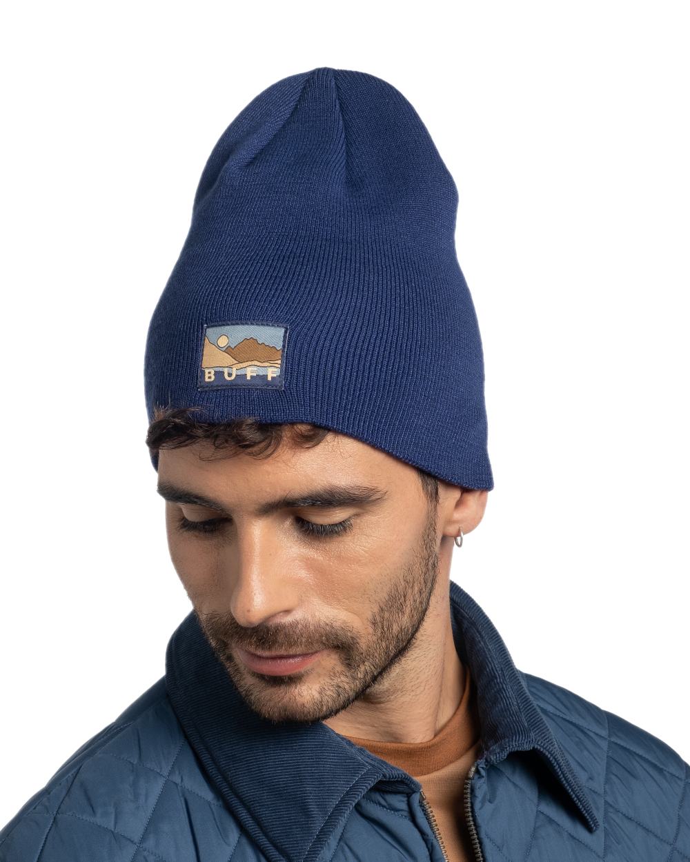 Midnight Coloured Buff Lilon Knitted Long Beanie on white background 