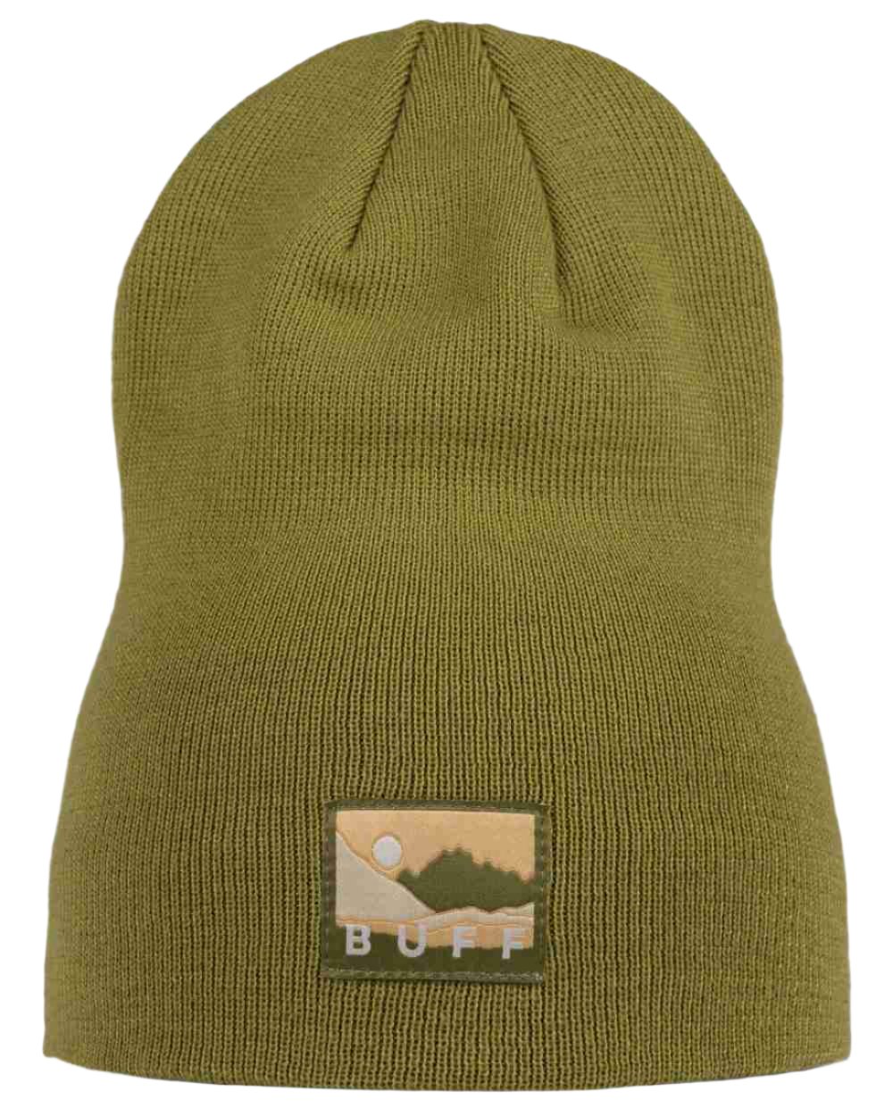 Moss Coloured Buff Lilon Knitted Long Beanie on white background 