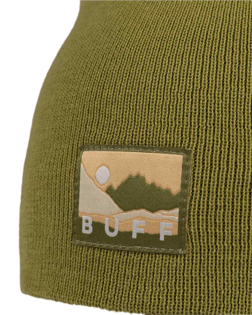 Moss Coloured Buff Lilon Knitted Long Beanie on white background 