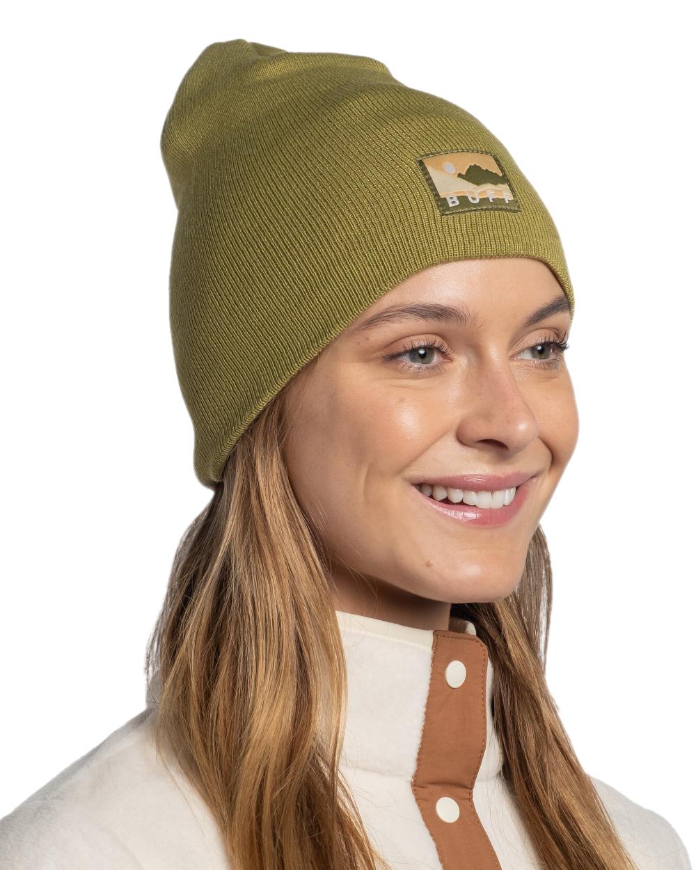 Moss Coloured Buff Lilon Knitted Long Beanie on white background 