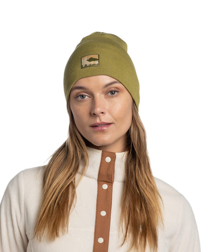 Moss Coloured Buff Lilon Knitted Long Beanie on white background 