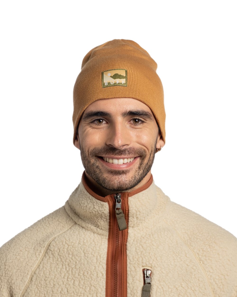 Peanut Coloured Buff Lilon Knitted Long Beanie on white background 