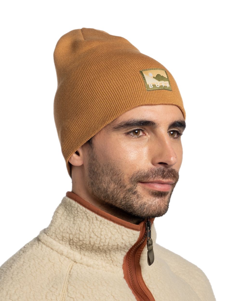 Peanut Coloured Buff Lilon Knitted Long Beanie on white background 