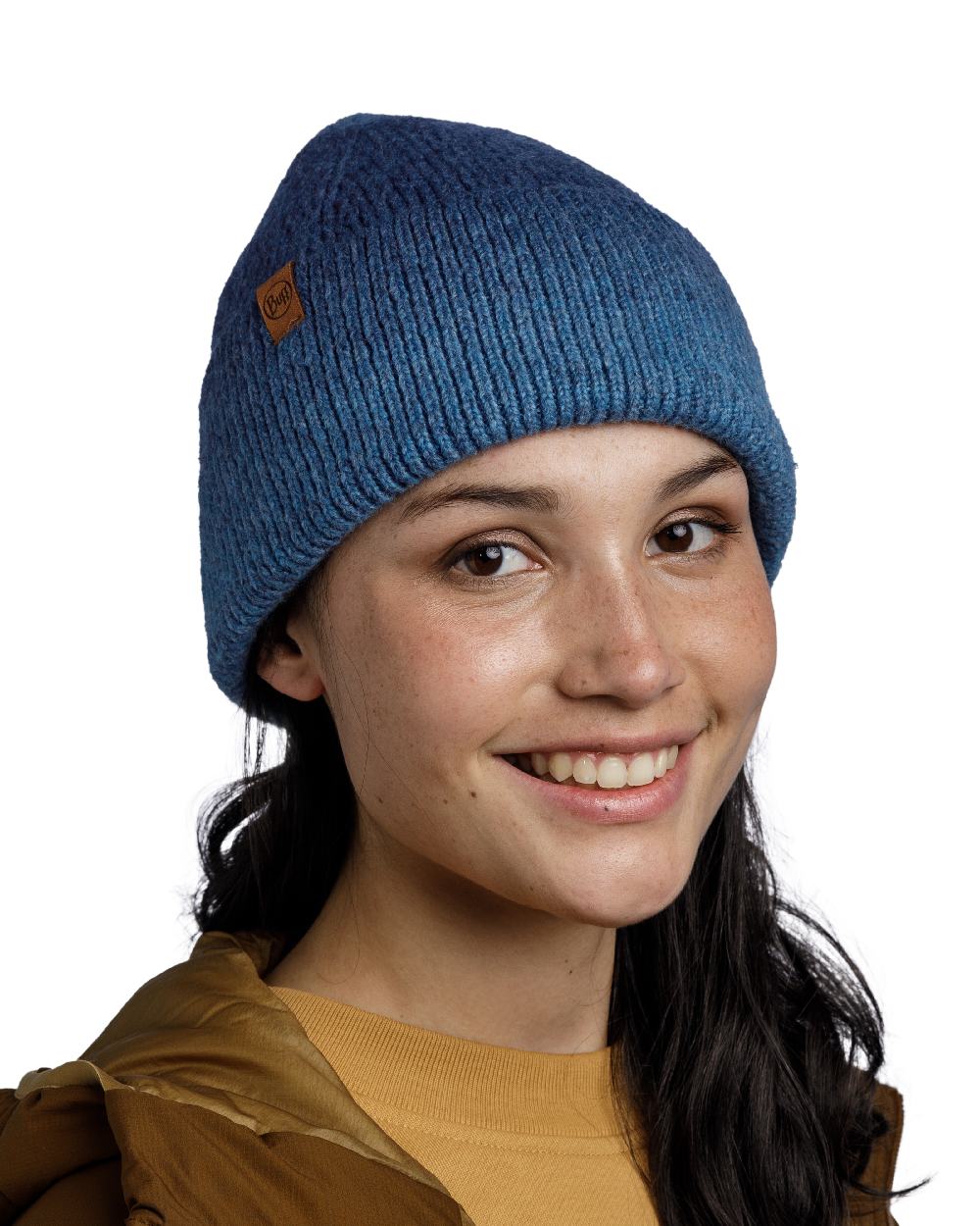 Denim Coloured Buff Knitted Marin Beanie on white background 