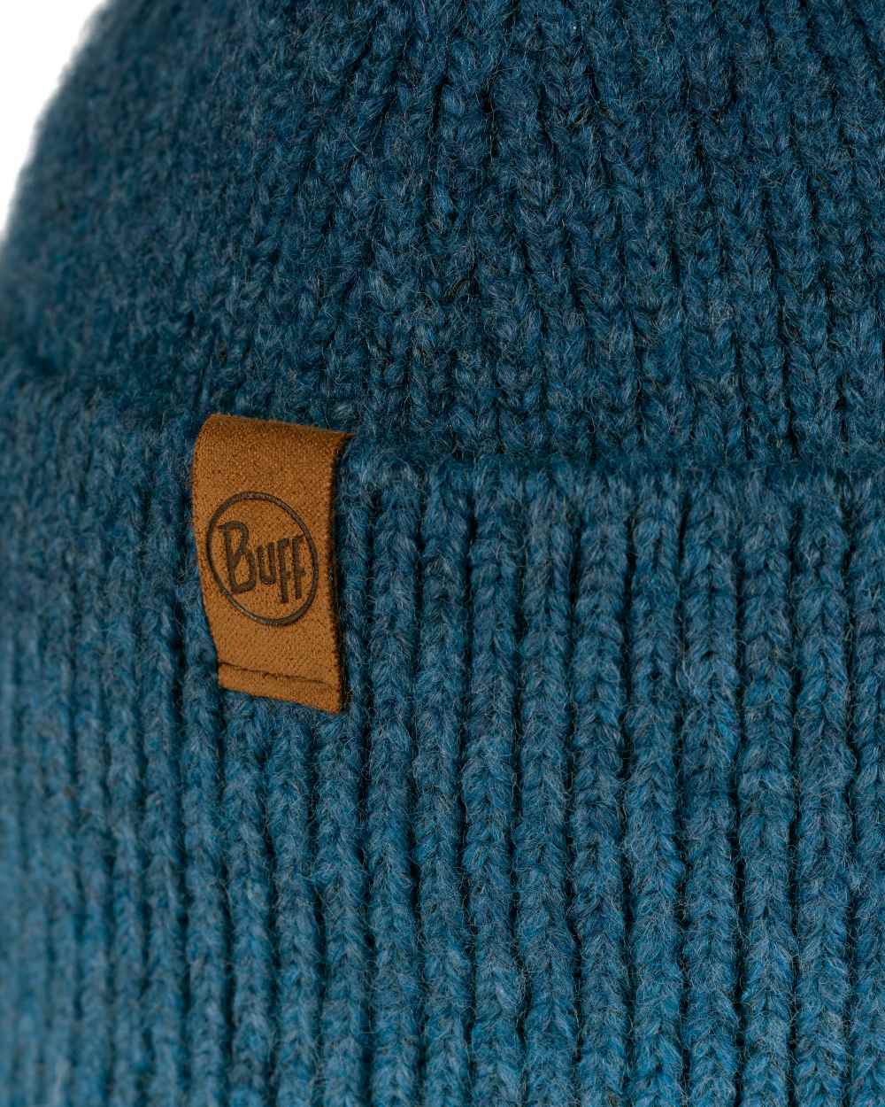 Denim Coloured Buff Knitted Marin Beanie on white background 